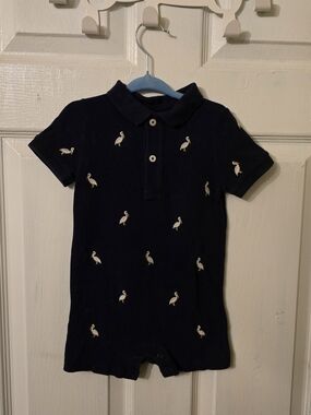 Ralph Lauren Navy Polo Romper with White Embroidered Pelicans